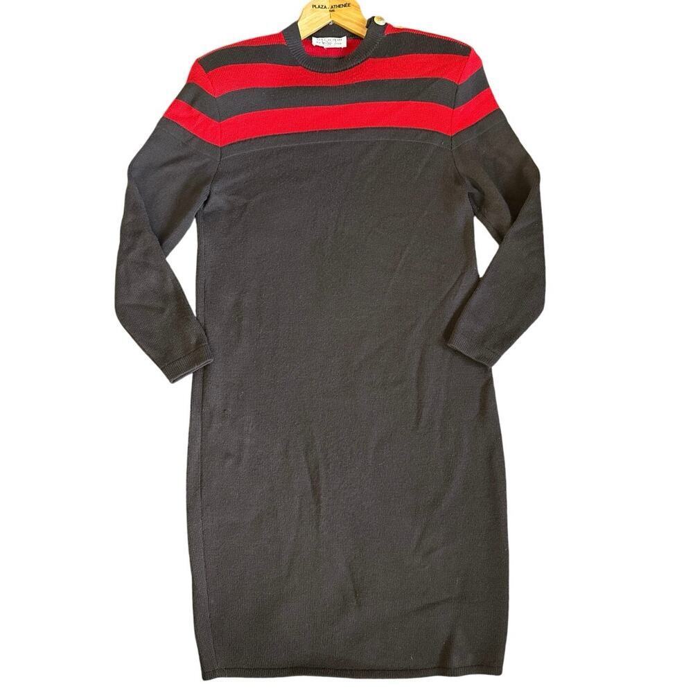 Vintage Women's St. John Marie Gray Black Red Long Sleeve Sweater Dress Size 6